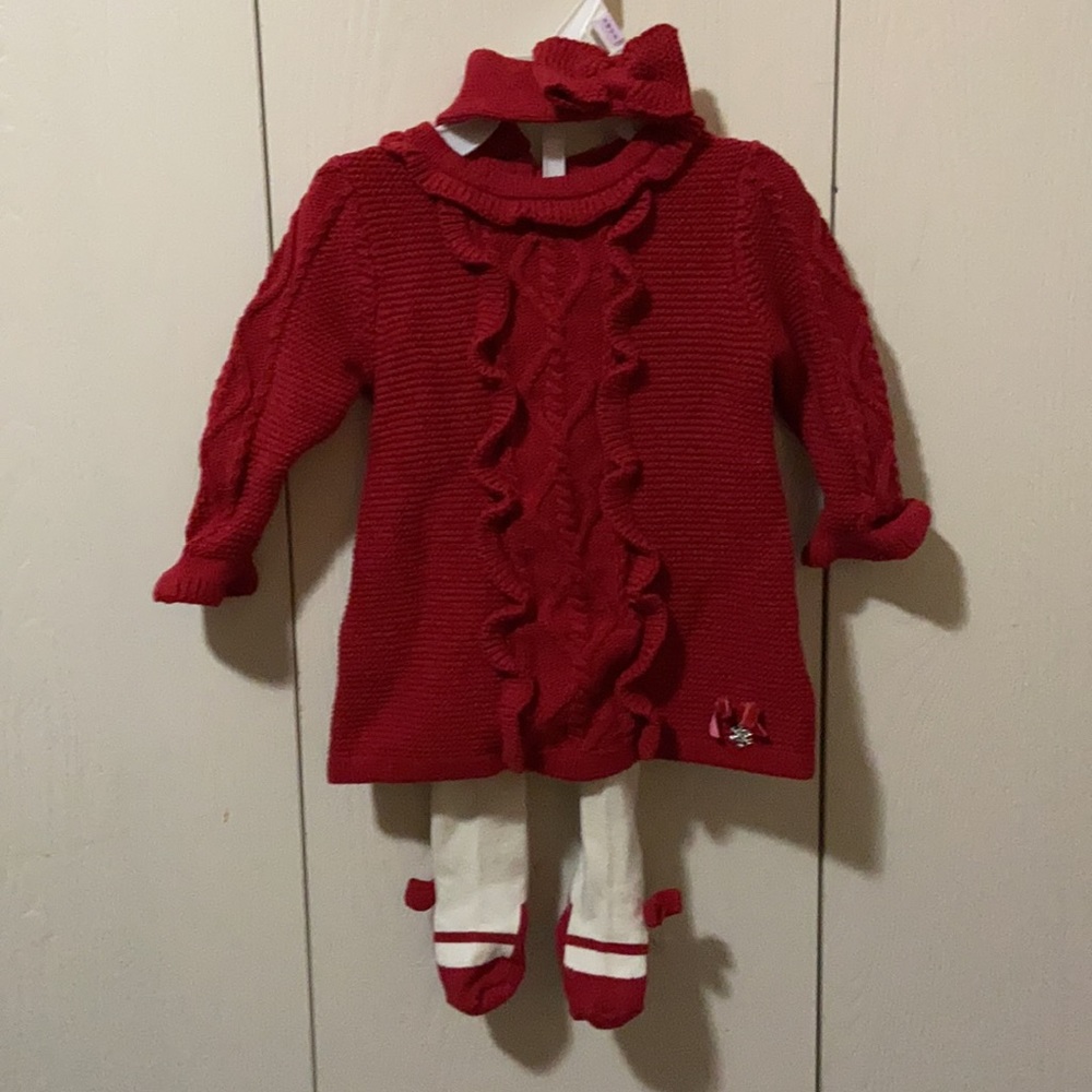 Tahari Baby Red Knit Sweater Dress with Cream Tights and Red Knit Headband